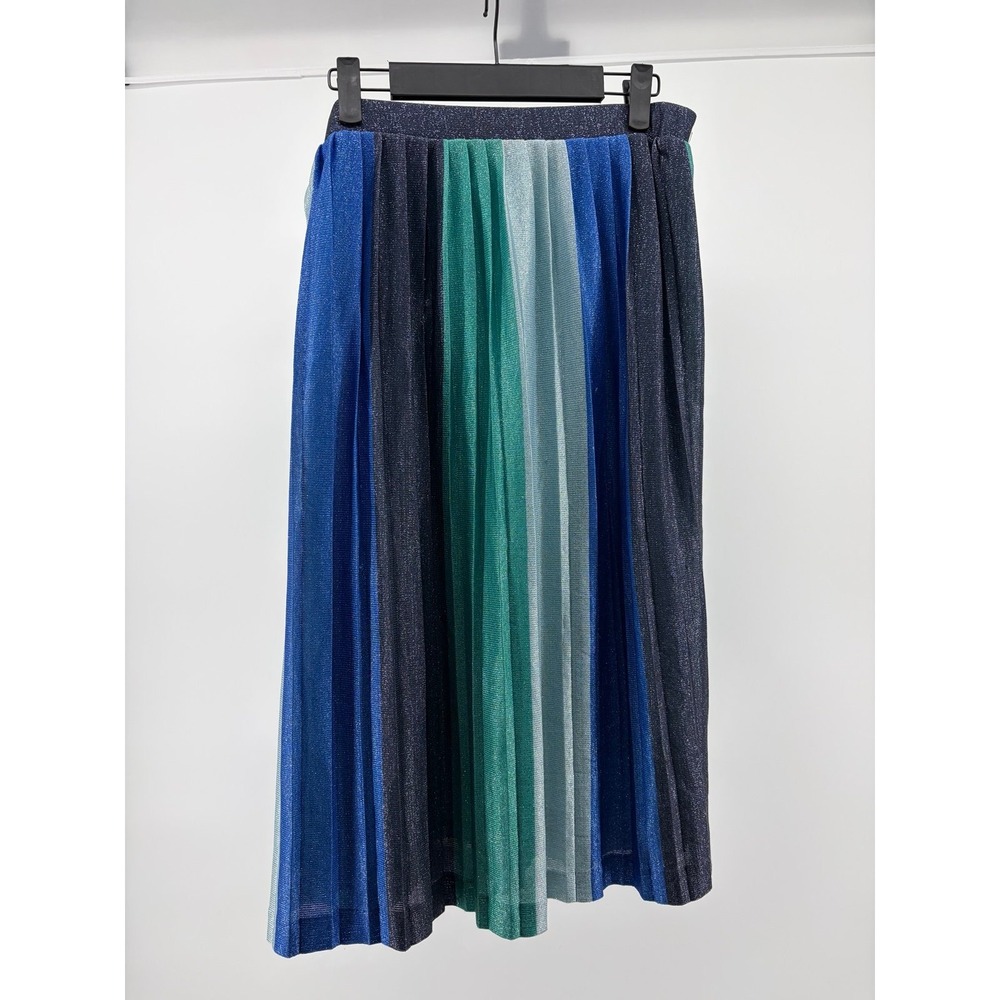 Anthropologie Maeve Metallic Sunburst Pleated Midi Skirt Blue Green Women Size S